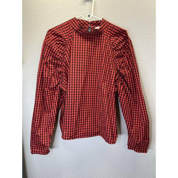 H&M Women’s Red & Black Gingham Check Plaid Big Puff Sleeve Blouse Size XL - Picture 5 of 5